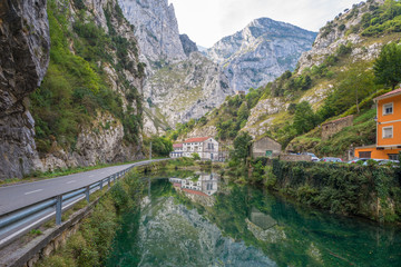 The river Rio Cares in the National Park Los Picos de Europa. The mountain stream is known because of the narrow and spectacular canyon it forms when passing the Picos de Europa