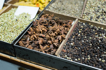 Dried spices for sale in spice market in old delhi, India