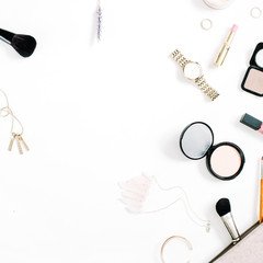 Beauty blog concept. Professional female make up accessories: watches, necklace, lipstick, brush, powder on white background. Flat lay, top view trendy fashion feminine background.