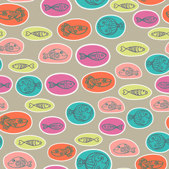  seamless pattern with hand drawn funny sketch style fishes in bubbles. Decorative endless marine background. Fabric design.
