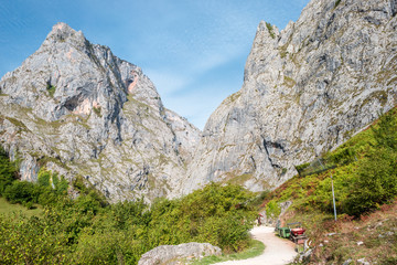 Hiking trail to the village Bulnes. the village is one of the remotest hamlets in Spain. No roads reach Bulnes. It can now be accessed by an underground funicular railway from Poncebos as well by foot