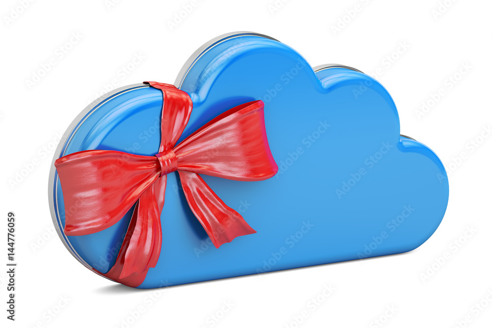 Poster cloud computing with bow and ribbon, gift concept. 3d rendering