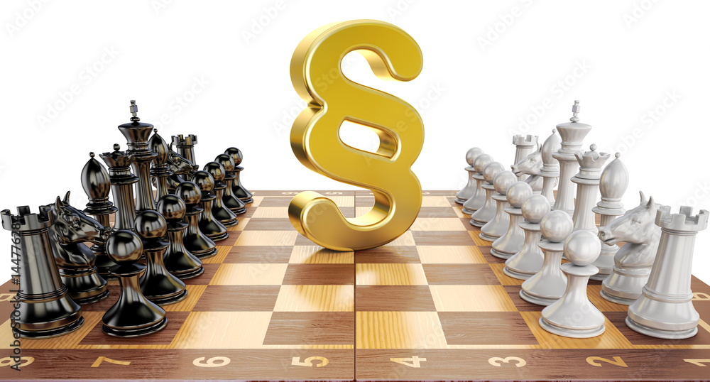 Poster section symbol on chess board with figures. law chess concept, 3d rendering