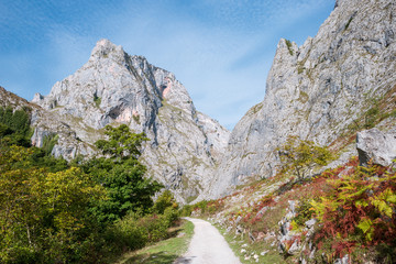 Hiking trail to the village Bulnes. the village is one of the remotest hamlets in Spain. No roads reach Bulnes. It can now be accessed by an underground funicular railway from Poncebos as well by foot