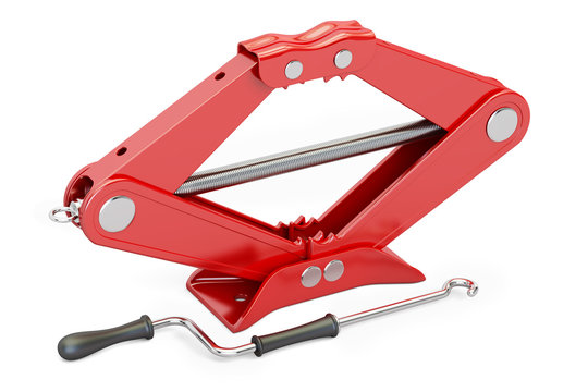 Red scissor jack, car lifter. 3D rendering