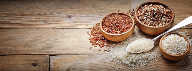 Four types of rice: basmati, mix long grain, arborio and red rice