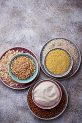 Different type of groats: rice, semolina, wheat, oatmeal, oat, buckwheat