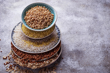 Different type of groats: rice, semolina, wheat, oatmeal, oat, buckwheat