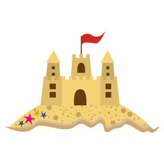 color silhouette with beach and sandcastle with flag vector illustration