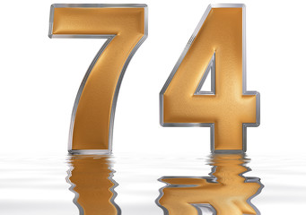 Numeral 74, seventy four, reflected on the water surface, isolated on  white, 3d render