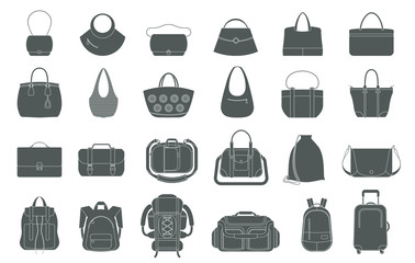 Set of icons of bags and luggage. Various types of bags ranging from elegant, sports, business and travel bags.