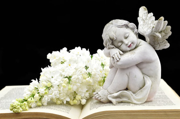 Angel and white spring flowers on the old book
