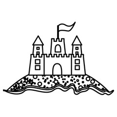 Naklejka premium monochrome contour of beach and sandcastle with flag vector illustration