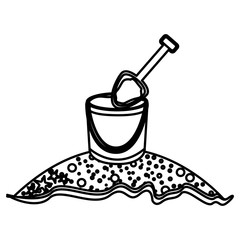 monochrome contour of beach with bucket sand and shovel vector illustration