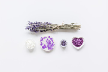 natural herb cosmetic with lavender flatlay on white background top view mockup