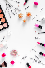 cosmetics composition with palette and lavender top view mock up