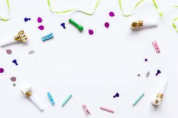birthday party set with confetti on white background top view mock up