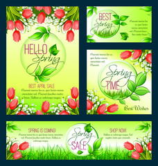 Spring sale banner template with blooming flower
