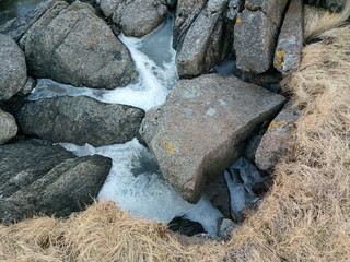 Frozen water between rocks