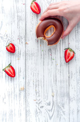 lunch with donuts on wooden table background top view mock up
