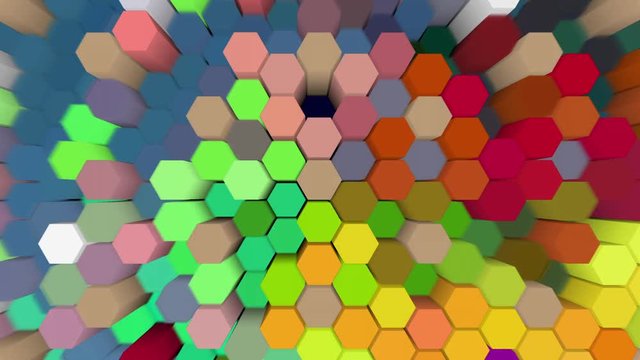 Prismas Hexagonales de Colores cambiantes con movimiento percutivo. Animaci&oacute;n 3d
