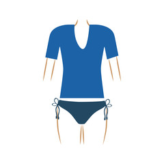 thin contour of woman swimsuit thong and t-shirt in dark blue color vector illustration