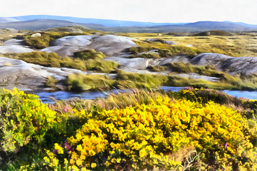 Colorful painting landscape near Cnoc Mordain and Loughannilaun lake