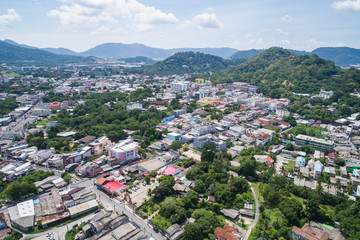 Naklejka premium Phuket old town with old buildings in Sino Portuguese style is a very famous tourist destination. Aerial view from flying drone