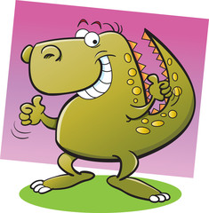 Cartoon illustration of a dinosaur giving thumbs up with a background.