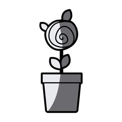 gray scale silhouette drawing small rose with leaves and stem in flowerpot vector illustration
