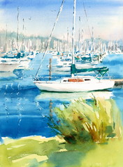 Naklejka premium Watercolor White Sailing Boat in the Dock Hand Painted Nautical Illustration
