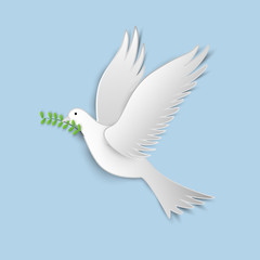 vector illustration of white paper cutout dove with a green twig olive on blue sky.