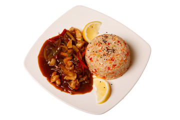 Asian food - roasted meat and vegetables and rice