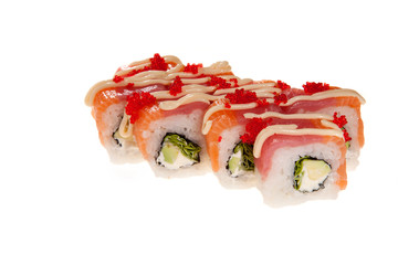 A sushi roll with salmon set on white background