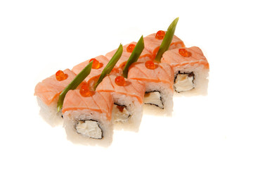 A sushi roll with salmon set on white background