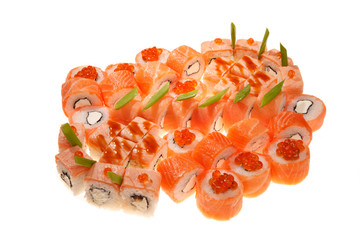 A sushi roll with salmon set on white background