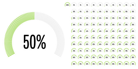 Set of circular sector percentage diagrams from 0 to 100 ready-to-use for web design, user interface (UI) or infographic - indicator with green