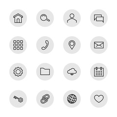 Set of 16 black material design outline web icons on gray circle vector illustration for web design, user interface (UI) and infographic