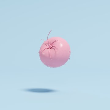 Pink tomoto floating white droplet on blue pastel background. minimal concept.
