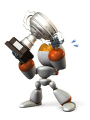 優勝カップを手に取るキュートなロボット