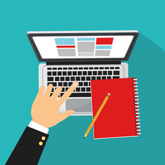 hand with computer and notebook over blue background. human resources concept. colorful design. vector illustration