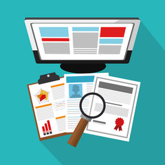computer and curriculum vitae over blue background. human resources concept. colorful design. vector illustration