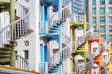Fototapeta premium Amazing colorful exterior spiral staircases in Singapore
