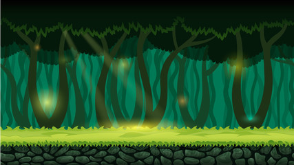 Horizontal seamless background illustration of forest for mobile app, web, game with trees and mist. Vector template.