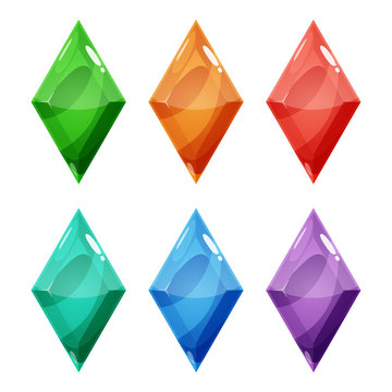 Set of six rhombus different color crystals, gemstones, gems, diamonds. Vector gui assets collection for game design isolated on white background.