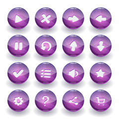 Set of 16 purple icons isolated on white background for game user interface. Mobile app vector elements template.
