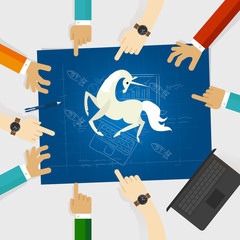 unicorn start-up tech company hands pointing white horse around the blue print with sketch drawing - obrazy, fototapety, plakaty