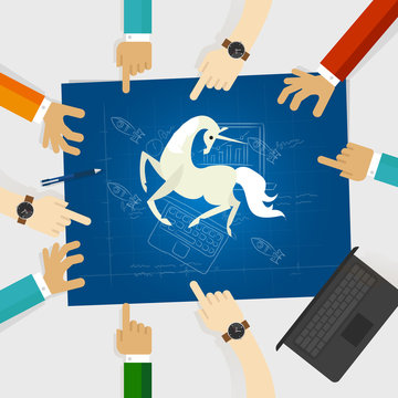Unicorn Start-up Tech Company Hands Pointing White Horse Around The Blue Print With Sketch Drawing