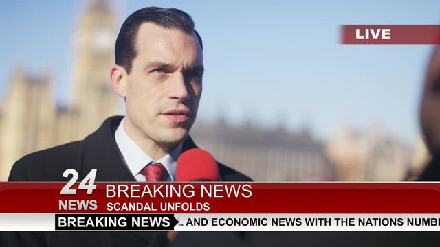  Businessman or politician giving live interview to reporter in London