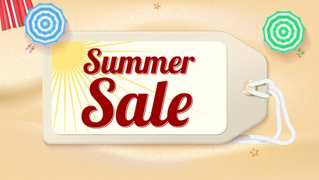 Advertising banner sales with typography. Summer sale 50 percent discount, buy now. Advertising on the background of a sandy beach with sea surf, sun umbrella, starfish and beach Mat